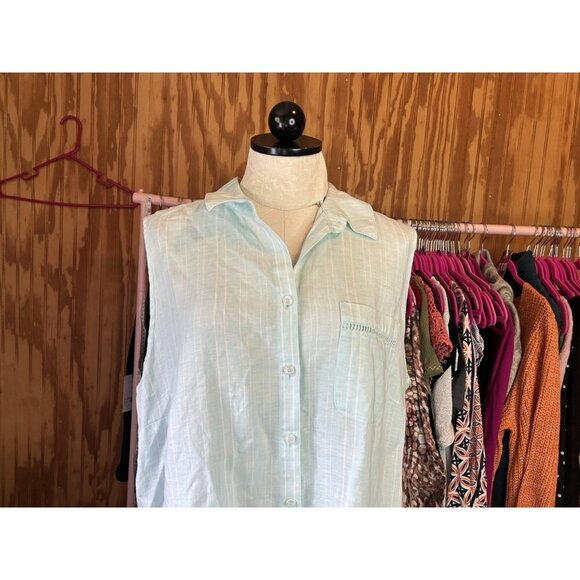 Chico's Turquoise NO Iron Striped LINEN Sleeveless Blouse Sz 3 (L) Buttons - Picture 3 of 8